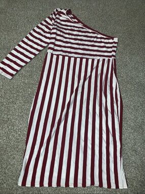 Striped One-Shoulder Midi Dress in Burgundy and White